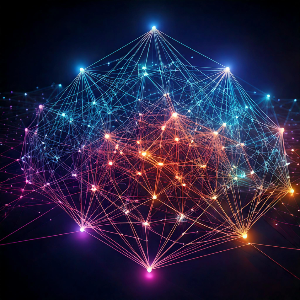 Illustration d’une toile d’araignée numérique lumineuse avec des connexions entre différents sites web, symbolisant un réseau de backlinks renforçant l’autorité SEO.