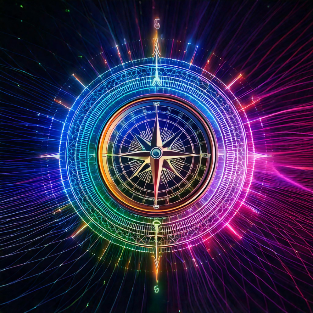 Illustration d’une boussole digitale futuriste aux couleurs vibrantes, symbolisant l’orientation et la progression stratégique dans un univers technologique.